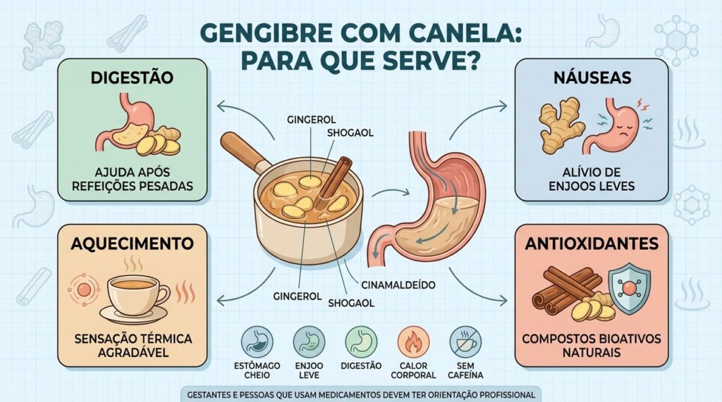 Digestão, náuseas, aquecimento e antioxidantes resumem os principais usos dessa infusão.