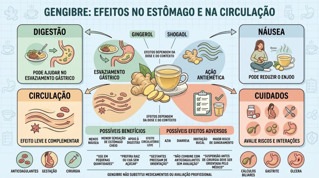 Digestão, náusea, circulação e contraindicações orientam o uso seguro do gengibre.