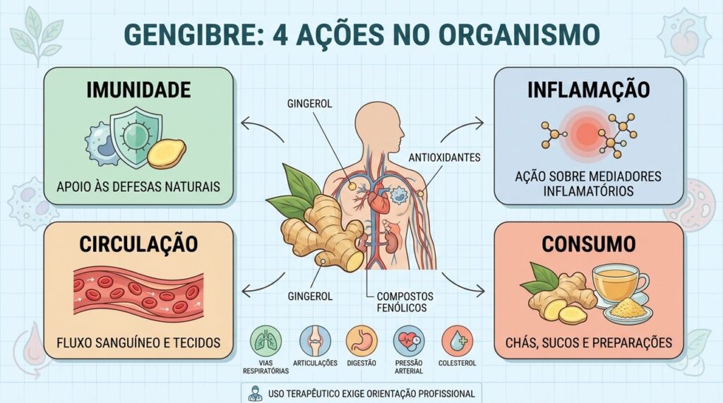 Imunidade, inflamação, circulação e consumo resumem as principais ações estudadas do gengibre.