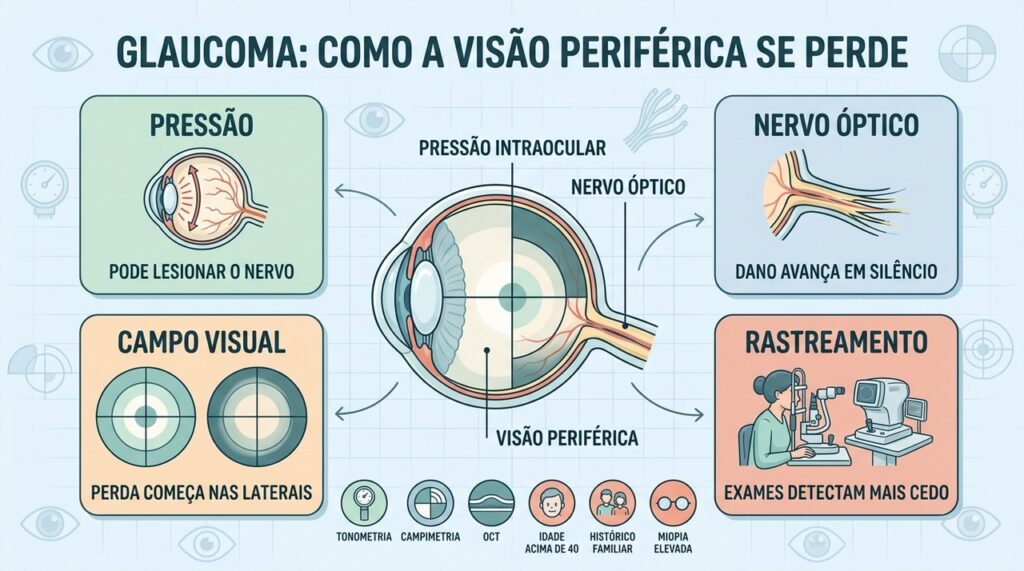 Pressão ocular, dano do nervo e perda periférica orientam a investigação do glaucoma.