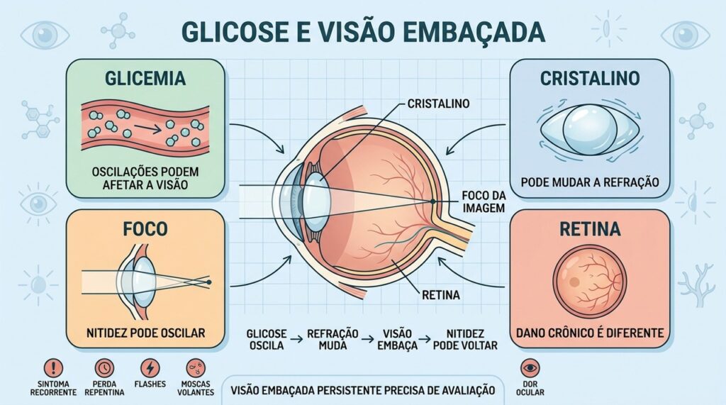 Glicemia, cristalino e refração ajudam a explicar oscilações temporárias da visão.