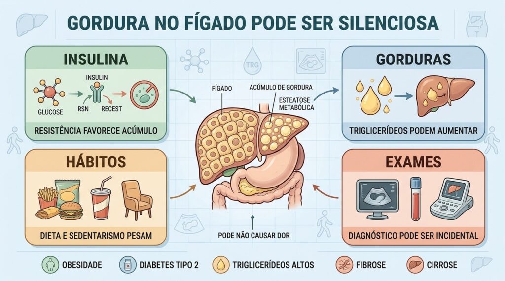 Insulina, triglicerídeos, hábitos e exames ajudam a entender a esteatose metabólica silenciosa.