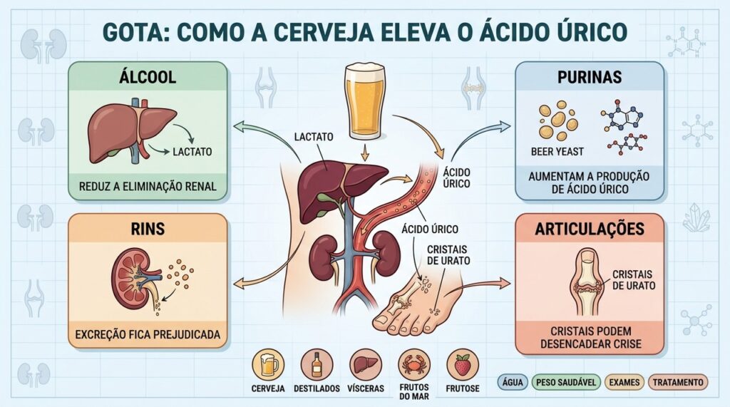 Álcool, purinas e menor excreção renal explicam o aumento do ácido úrico.