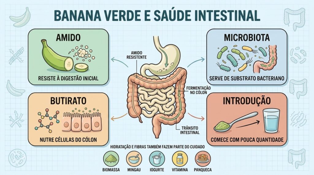 Amido resistente, microbiota, fermentação e introdução gradual explicam o potencial da banana verde.