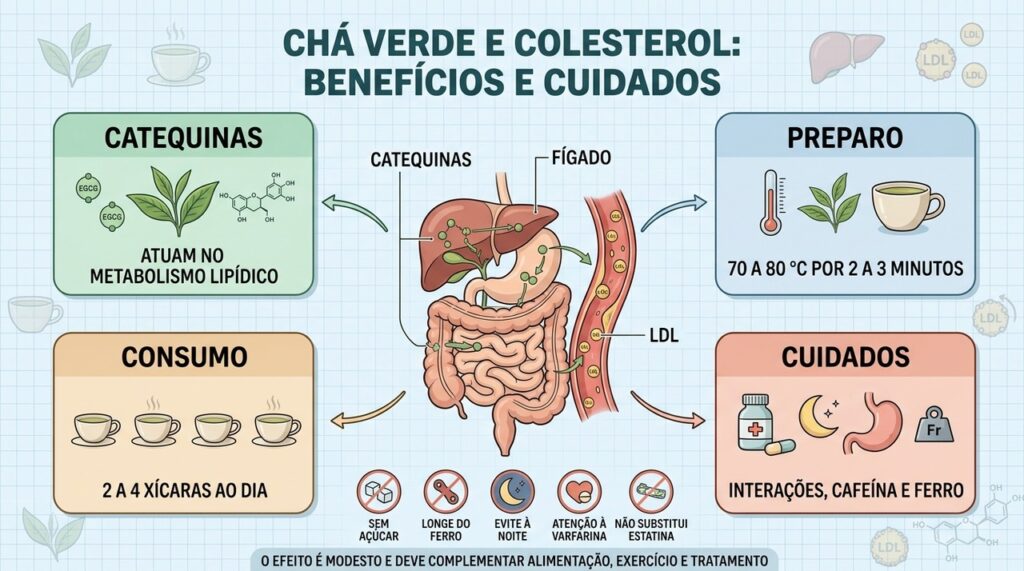 Catequinas, preparo, quantidade e contraindicações explicam o papel do chá verde no colesterol.