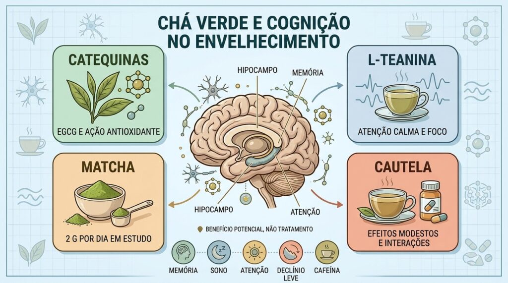 Catequinas, L-teanina, matcha e cautela resumem o que se sabe sobre cognição.