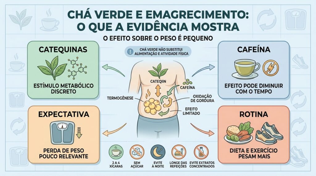 Catequinas e cafeína têm efeito modesto; dieta e exercício continuam sendo a base.