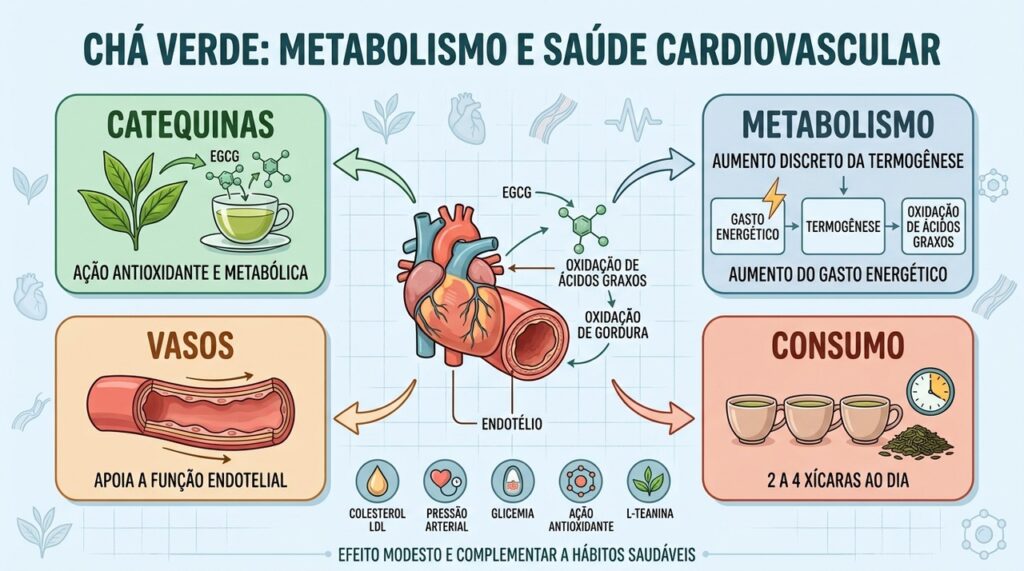 Catequinas, metabolismo, endotélio e consumo moderado resumem os principais efeitos do chá verde.