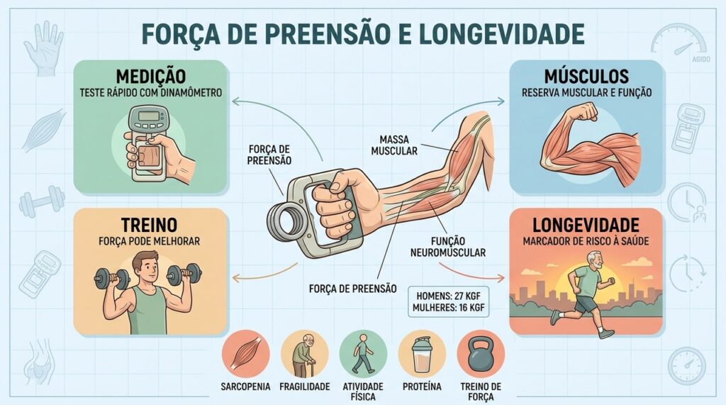 Dinamômetro, músculos, treino e função ajudam a entender a força de preensão.