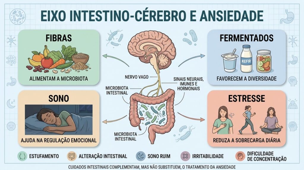 Fibras, fermentados, sono e controle do estresse fortalecem o eixo intestino-cérebro.