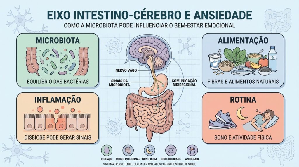 Microbiota, alimentação, inflamação e rotina participam da comunicação entre intestino e cérebro.