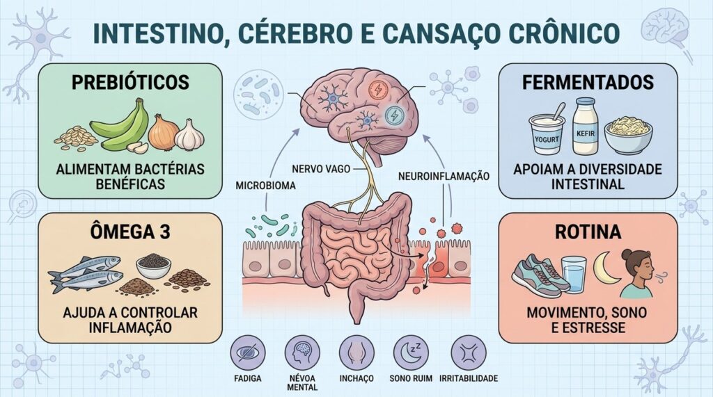 Prebióticos, fermentados, ômega 3 e rotina saudável apoiam o eixo intestino-cérebro.