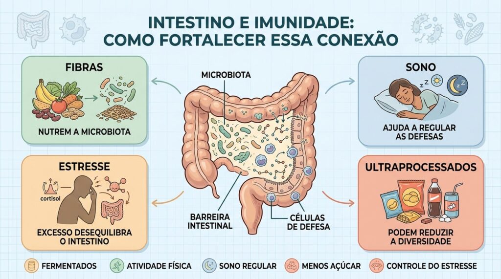 Fibras, sono, menos ultraprocessados e controle do estresse favorecem a imunidade intestinal.