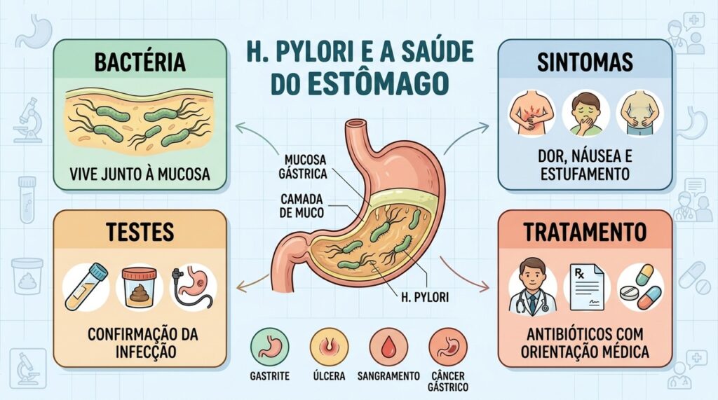 Diagnóstico, sintomas, tratamento e riscos ajudam a compreender o papel da H. pylori na gastrite.