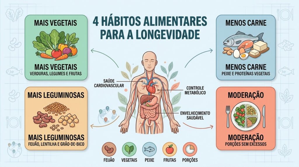 Quatro hábitos das Zonas Azuis destacam vegetais, leguminosas, moderação e menos carne.