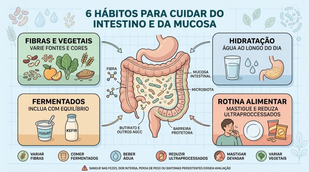 Seis hábitos combinam fibras, fermentados, hidratação, variedade vegetal e melhor rotina alimentar.