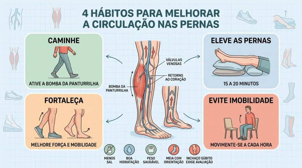 Caminhar, elevar as pernas, fortalecer a panturrilha e evitar imobilidade favorecem o retorno venoso.