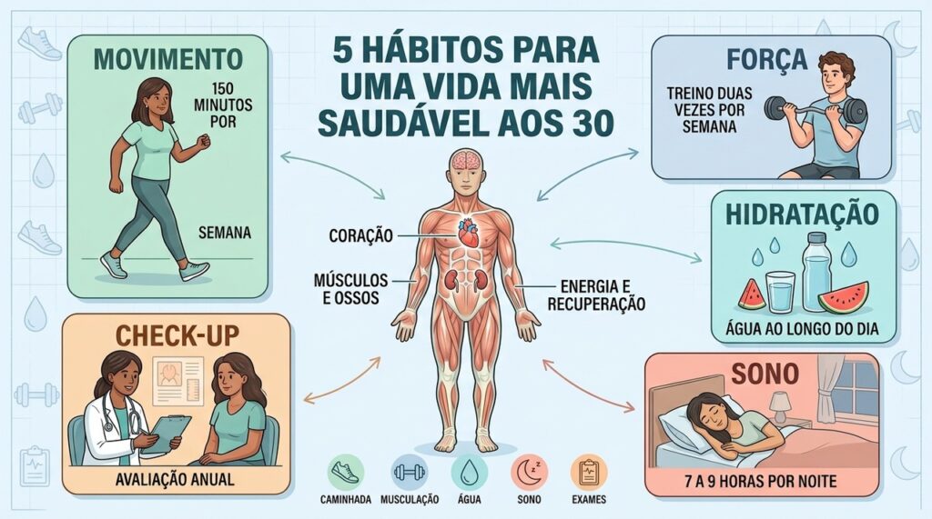 Cinco hábitos aos 30 fortalecem prevenção, energia, autonomia e qualidade de vida.