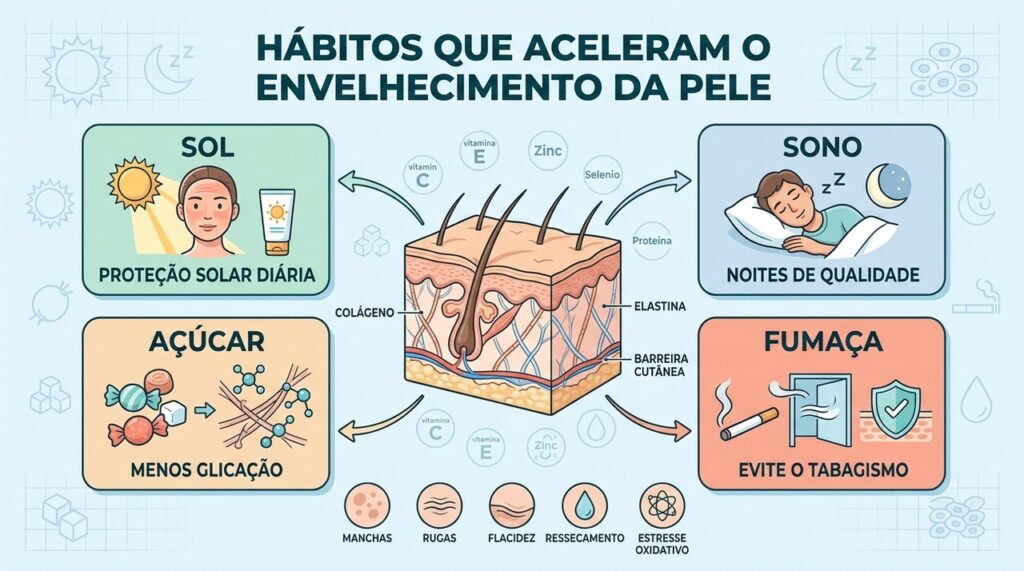 Sol, açúcar, sono e fumaça influenciam colágeno, elasticidade e envelhecimento da pele.