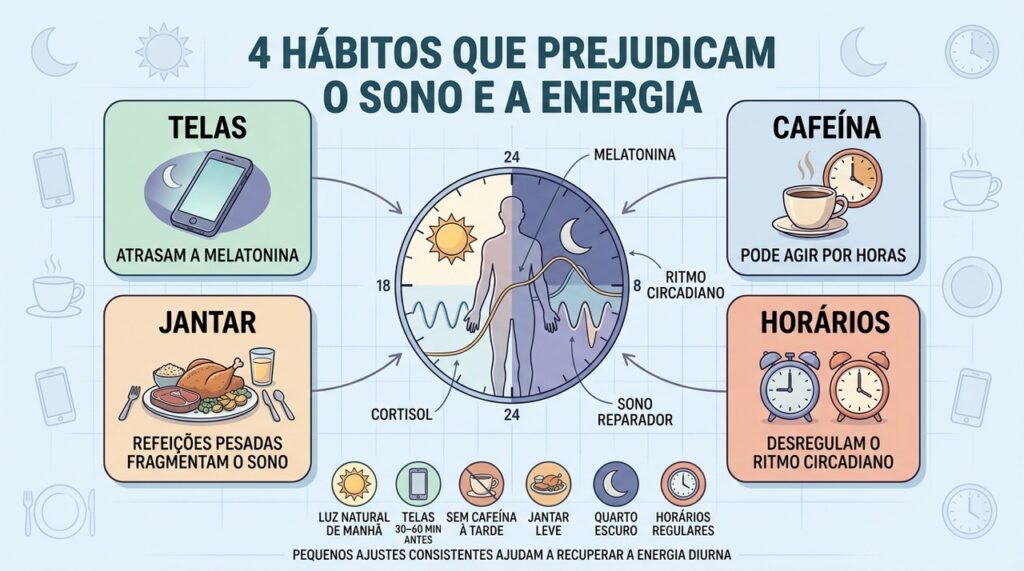Telas, cafeína, jantar tardio e horários irregulares desorganizam o ritmo circadiano.
