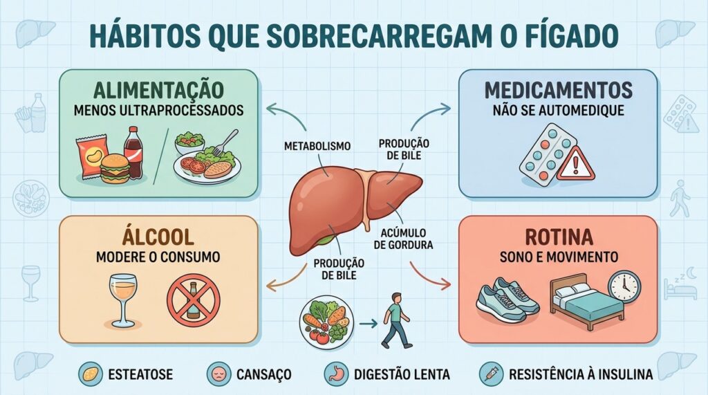 Quatro pilares ajudam a proteger o fígado: alimentação, medicamentos, álcool e rotina.