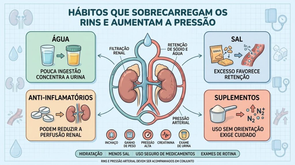 Hidratação, sal, medicamentos e suplementos influenciam a carga renal e a pressão arterial.