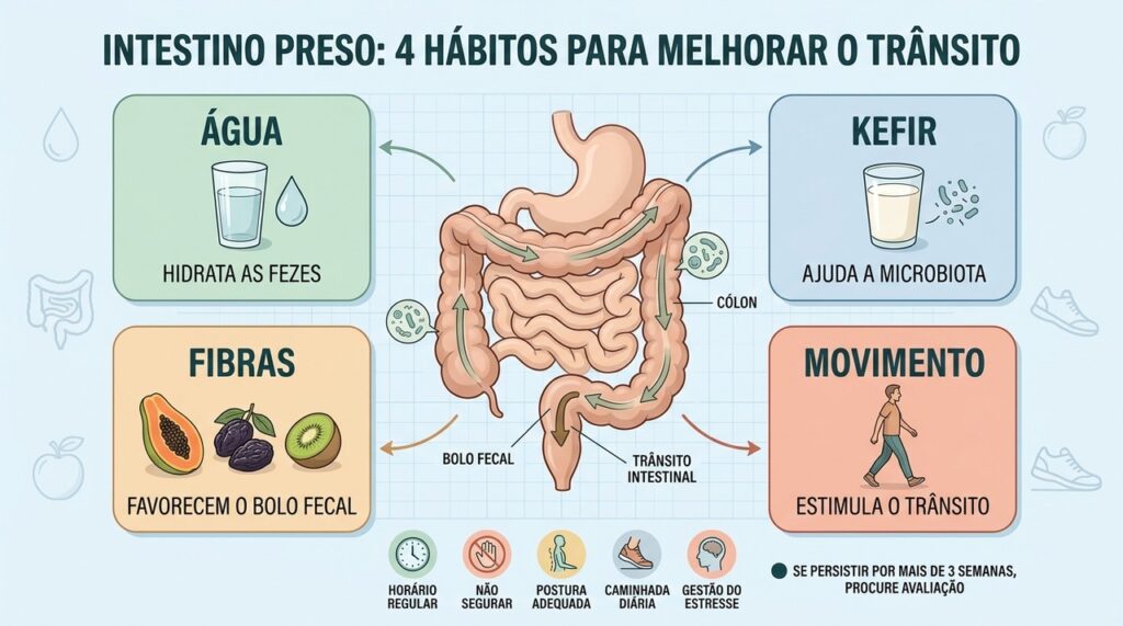 Hidratação, kefir, fibras e movimento formam uma rotina favorável ao trânsito intestinal.