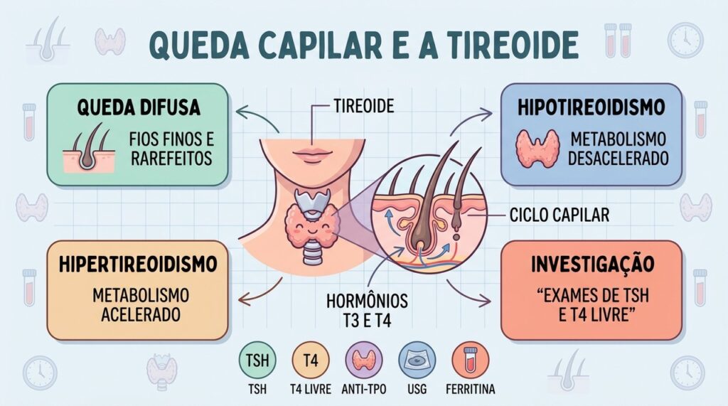 Tireoide, ciclo capilar e exames ajudam a investigar causas da queda difusa.