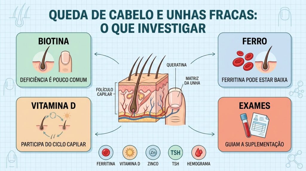 Biotina, ferro, vitamina D e exames ajudam a orientar a investigação correta.