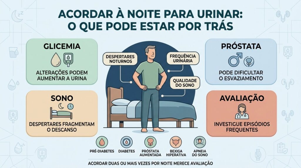 Glicemia, próstata, sono e outros fatores podem contribuir para a noctúria.