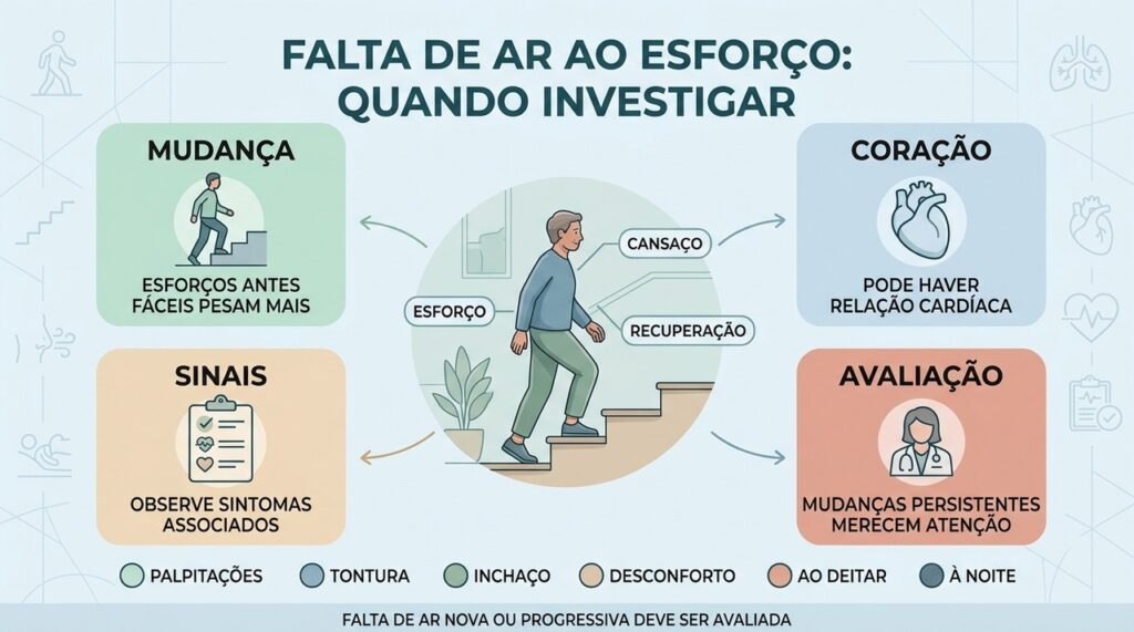Esforço, sintomas associados e progressão ajudam a orientar a investigação da falta de ar.