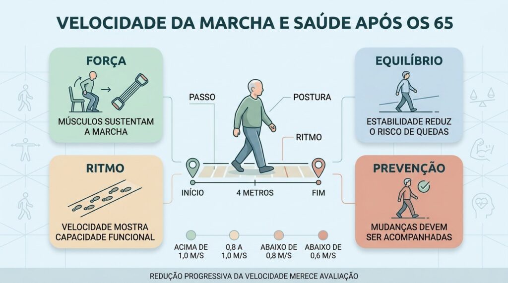 Força, equilíbrio e ritmo da marcha ajudam a acompanhar a saúde após os 65.
