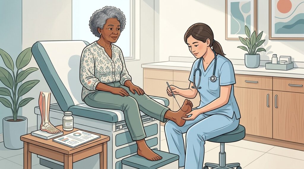 Avaliar sensibilidade dos pés ajuda a diferenciar neuropatia diabética de outras causas.