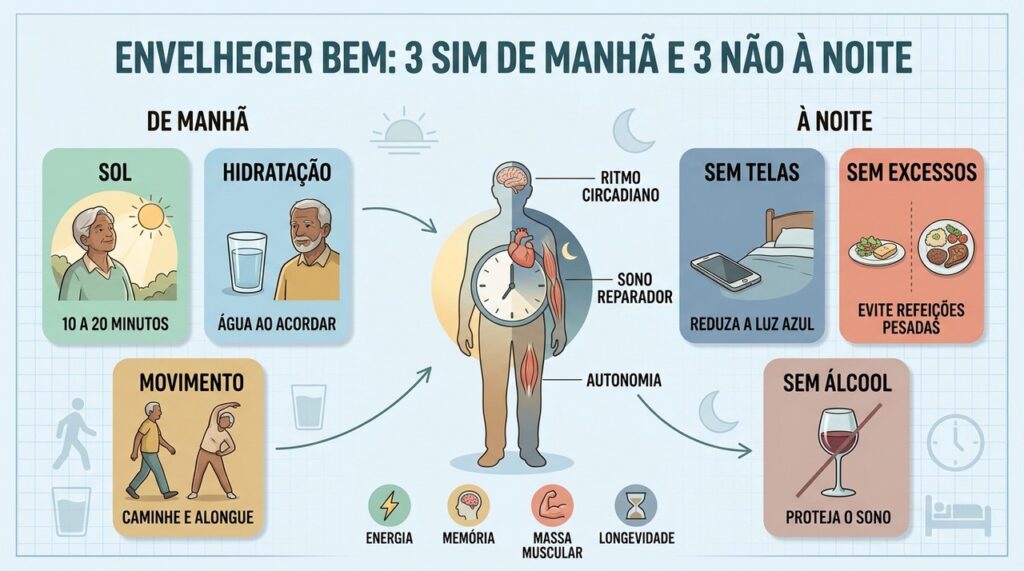 Três hábitos matinais e três cuidados noturnos apoiam energia, sono e longevidade.
