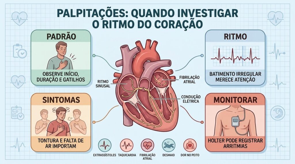 Padrão, ritmo, sintomas e monitorização ajudam a investigar palpitações recorrentes.