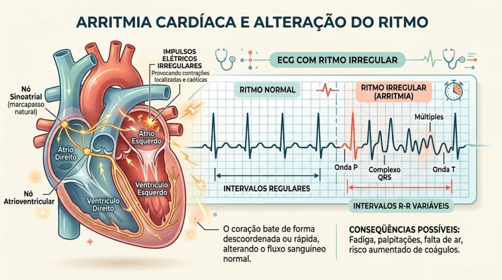 Alterações no ritmo cardíaco podem causar palpitação, tontura, falta de ar e sensação de desmaio.