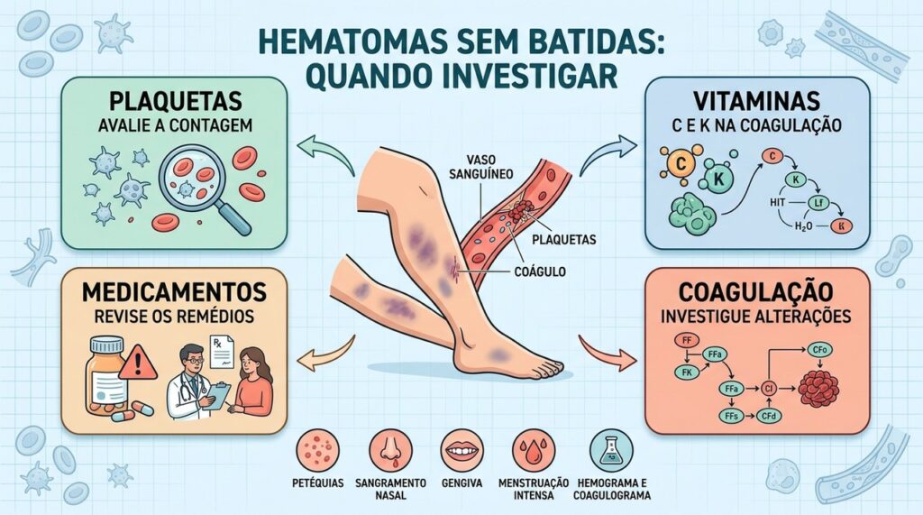 Plaquetas, vitaminas, medicamentos e coagulação ajudam a explicar hematomas aparentemente espontâneos.
