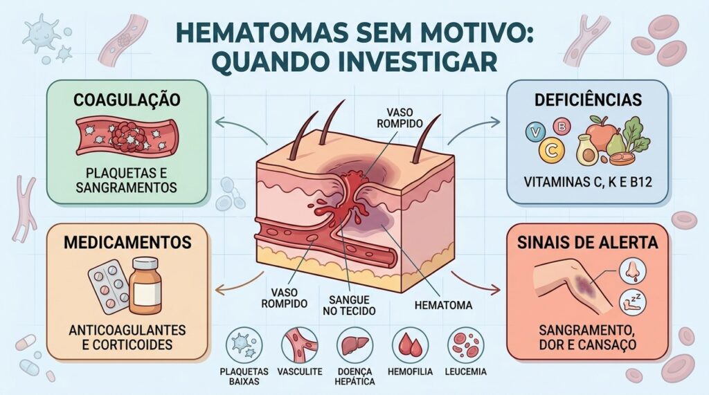 Coagulação, deficiências, medicamentos e sinais de alerta orientam a investigação dos hematomas.
