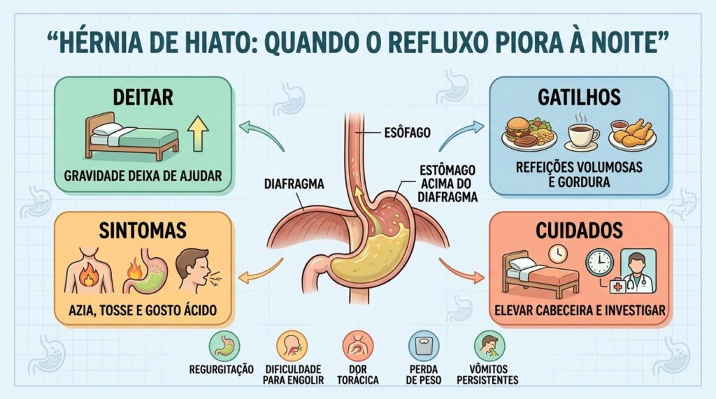 Hérnia de hiato pode favorecer refluxo, especialmente quando a pessoa se deita após comer.