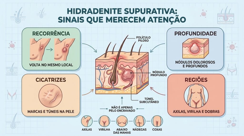 Recorrência, profundidade, cicatrizes e localização ajudam a reconhecer a hidradenite supurativa.
