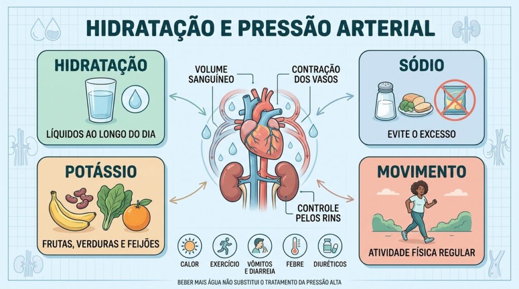 Hidratação, menos sódio, potássio e atividade física ajudam no controle da pressão.