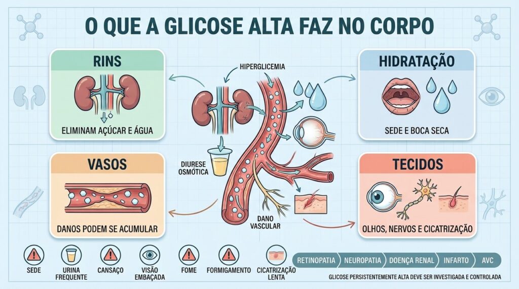 Rins, hidratação, vasos e tecidos mostram como a hiperglicemia afeta o organismo.