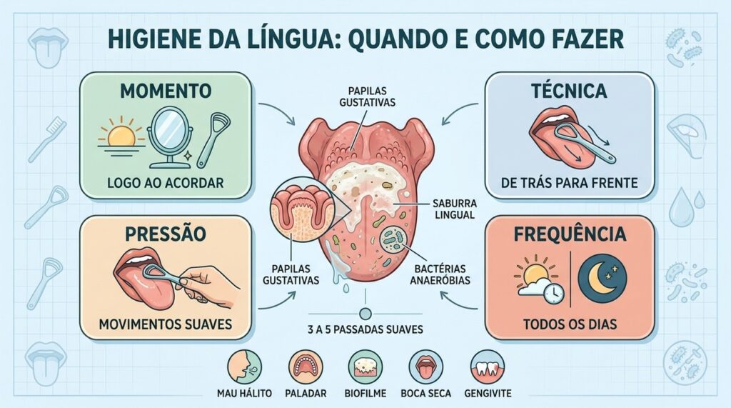 Momento, técnica, pressão e frequência tornam a limpeza da língua mais eficaz.