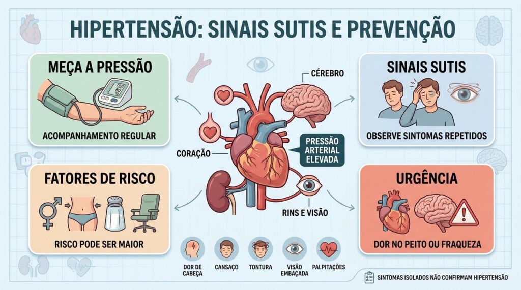 Medir a pressão e reconhecer sinais sutis ajuda a detectar hipertensão mais cedo.