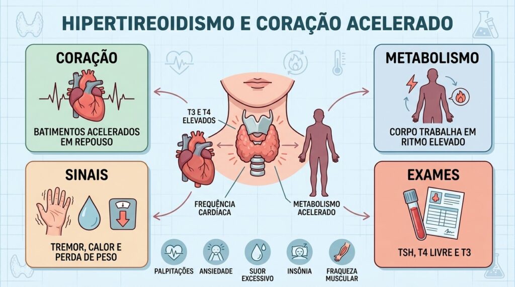 Coração, metabolismo, sintomas e exames ajudam a reconhecer o hipertireoidismo.