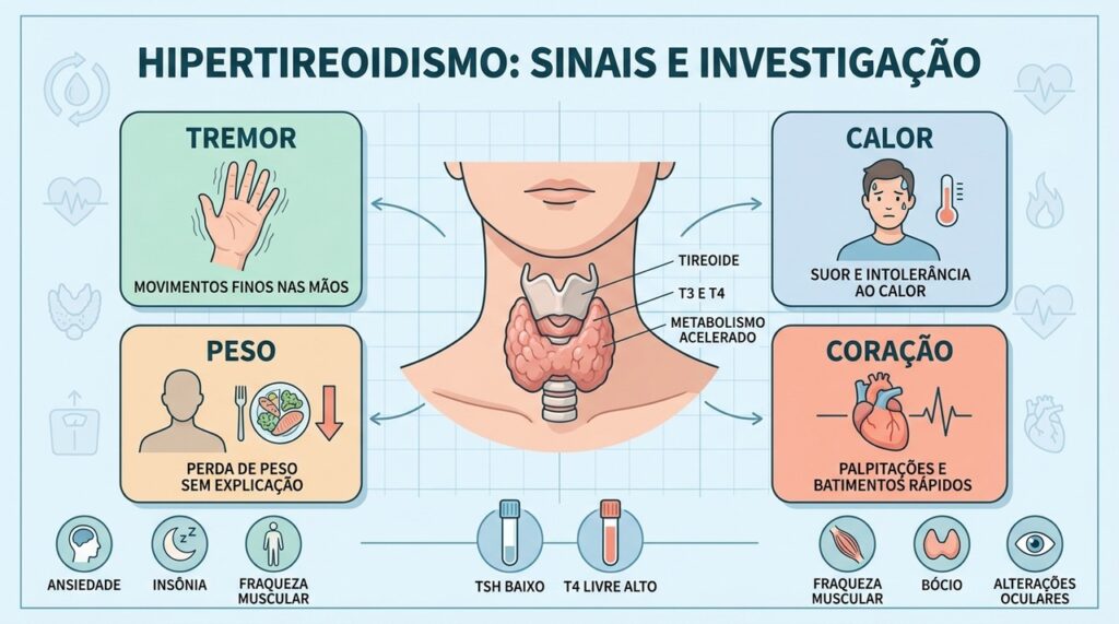Tremor, calor, emagrecimento e palpitações ajudam a orientar a investigação do hipertireoidismo.