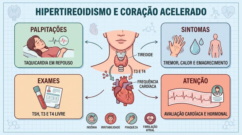 Palpitações, sintomas associados, exames e riscos ajudam a reconhecer o hipertireoidismo precocemente.