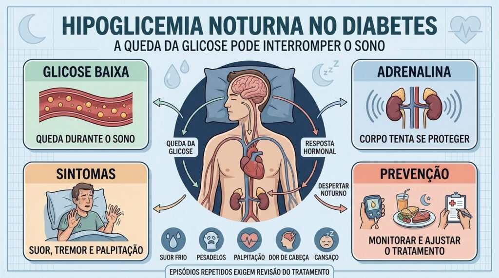 Queda da glicose ativa hormônios que causam suor, palpitação e despertar noturno.