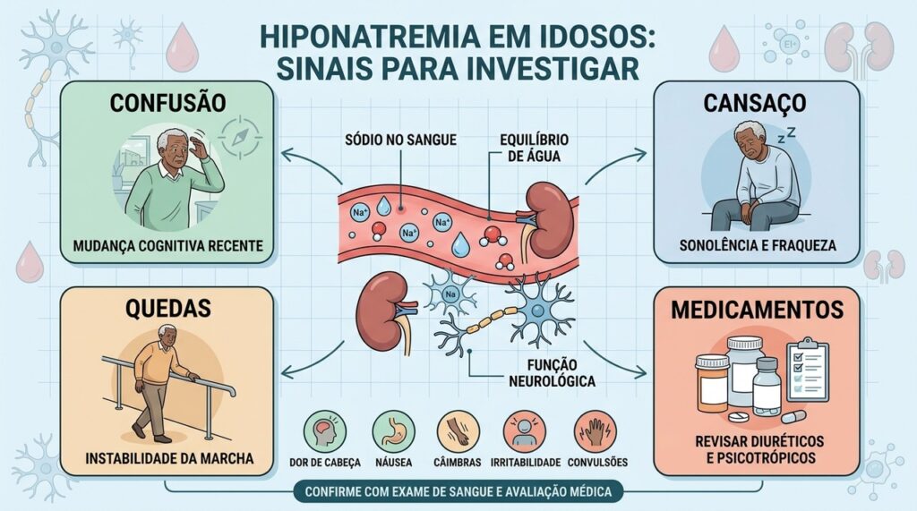 Confusão, cansaço, quedas e medicamentos podem sinalizar hiponatremia em idosos.