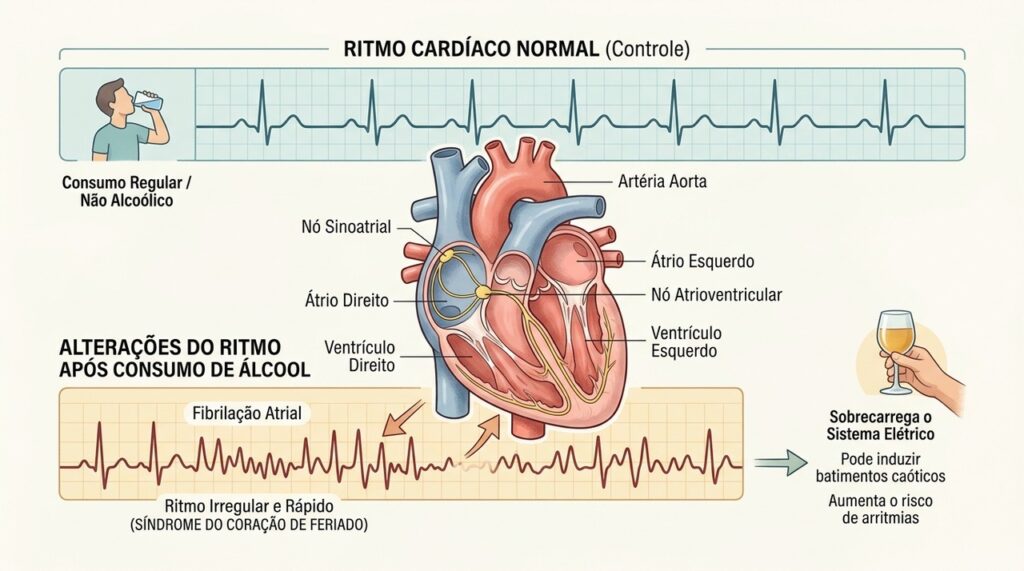 O consumo excessivo de álcool pode favorecer alterações do ritmo cardíaco em algumas pessoas.